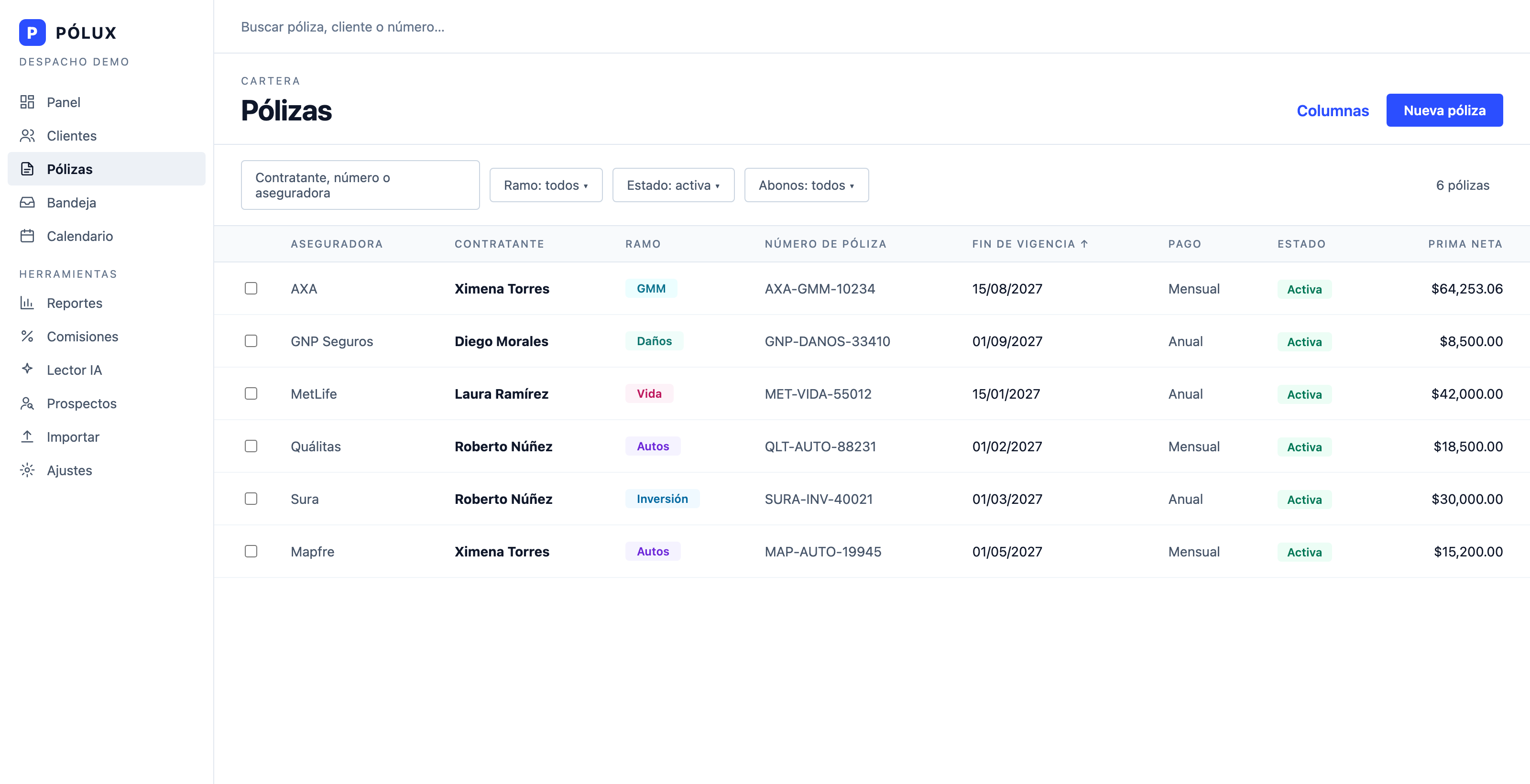 Tabla de pólizas de Pólux CRM